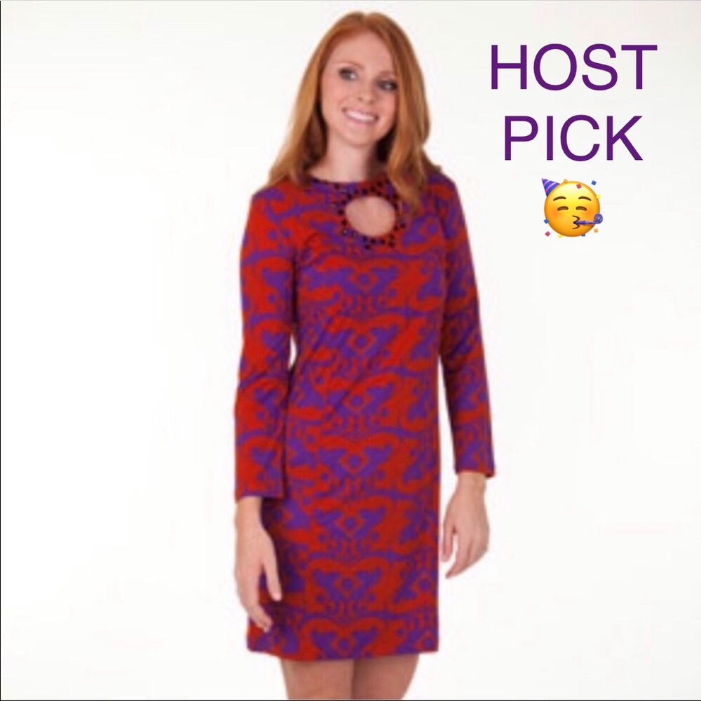 Embellished Ginger Damask Long Sleeve Dress